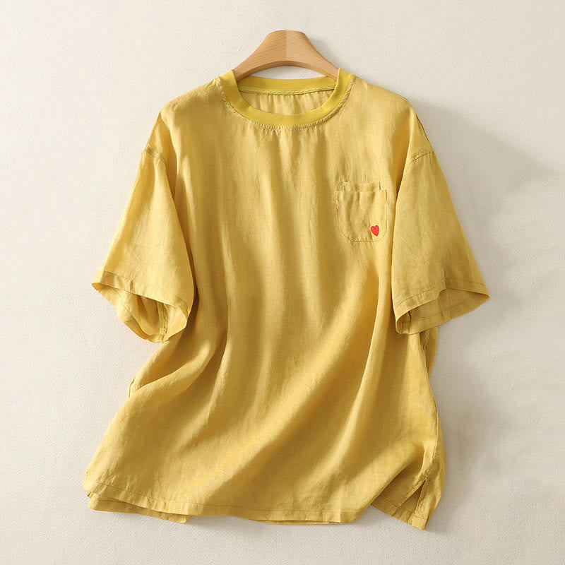 Buddha Stonesカジュアル刺繍 レッドハート 半袖 レディース コットンリネン Tシャツ - 金 - US14、 UK/AU18、 EU46 (2XL) - image 10