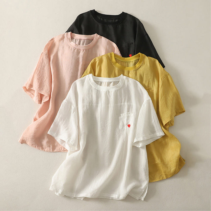 Buddha Stonesカジュアル刺繍 レッドハート 半袖 レディース コットンリネン Tシャツ - image 19
