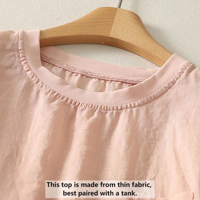 Buddha Stonesカジュアル刺繍 レッドハート 半袖 レディース コットンリネン Tシャツ - image 1