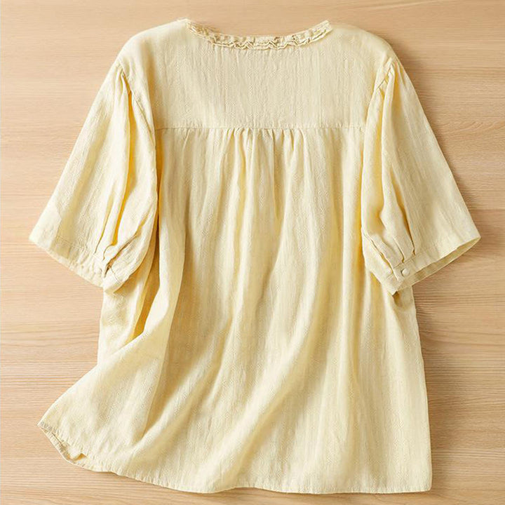 Buddha Stonesジャカード プリーツ フリルトリムデザイン Vネック 半袖 レディースシャツ - image 10