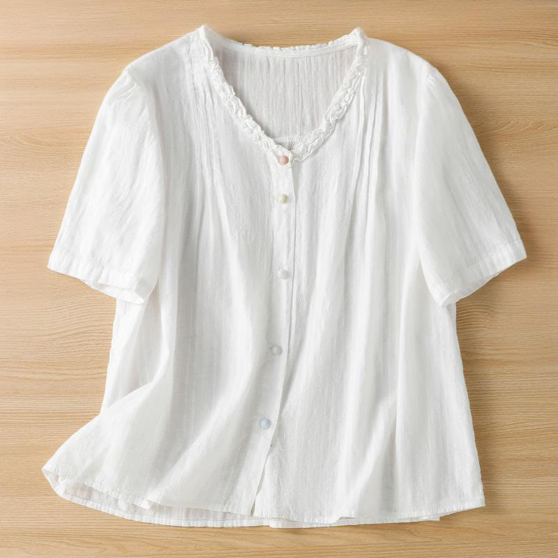 Buddha Stonesジャカード プリーツ フリルトリムデザイン Vネック 半袖 レディースシャツ - 白 - US14、 UK/AU18、 EU46 (2XL) - image 14