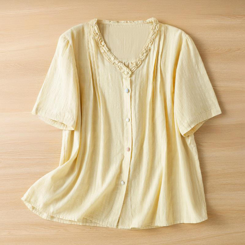 Buddha Stonesジャカード プリーツ フリルトリムデザイン Vネック 半袖 レディースシャツ - ライトイエロー - US14、 UK/AU18、 EU46 (2XL) - image 9