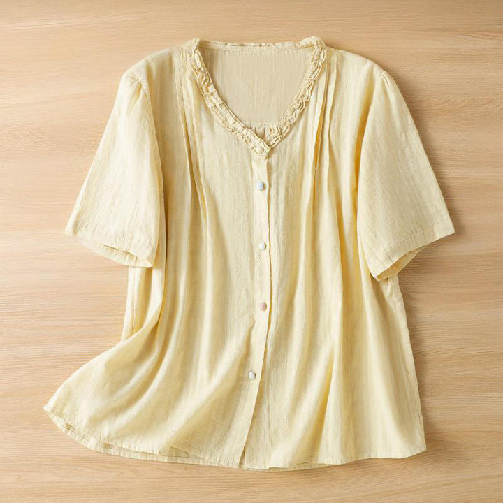 Buddha Stonesジャカード プリーツ フリルトリムデザイン Vネック 半袖 レディースシャツ - ライトイエロー - US14、 UK/AU18、 EU46 (2XL) - image 9