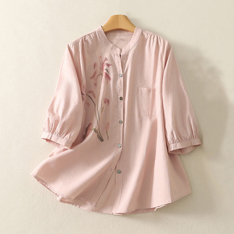 Buddha Stonesデイリープリント ユリ柄 ハーフパフスリーブ レディース コットンリネンシャツ - ライトピンク - US12、 UK/AU16、 EU44 (2XL) - image 1