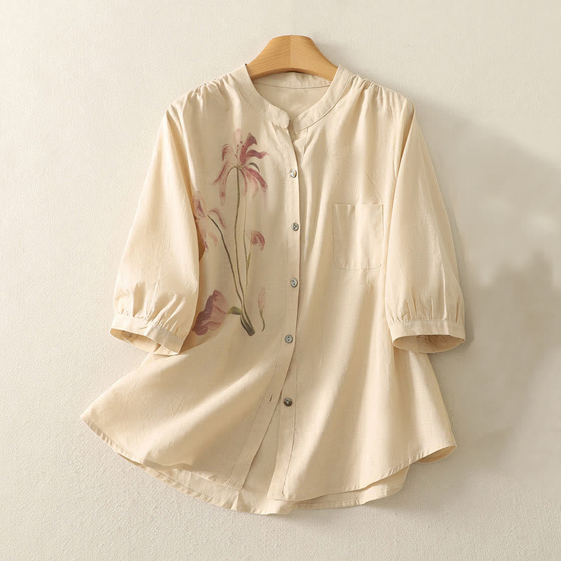 Buddha Stonesデイリープリント ユリ柄 ハーフパフスリーブ レディース コットンリネンシャツ - モカシン - US12、 UK/AU16、 EU44 (2XL) - image 12