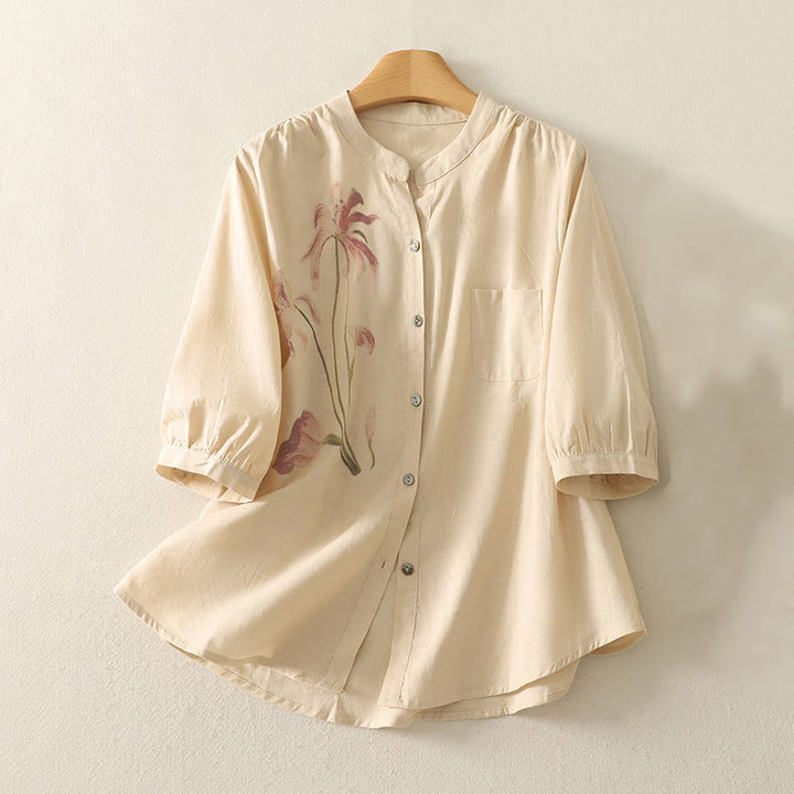 Buddha Stonesデイリープリント ユリ柄 ハーフパフスリーブ レディース コットンリネンシャツ - モカシン - US12、 UK/AU16、 EU44 (2XL) - image 12