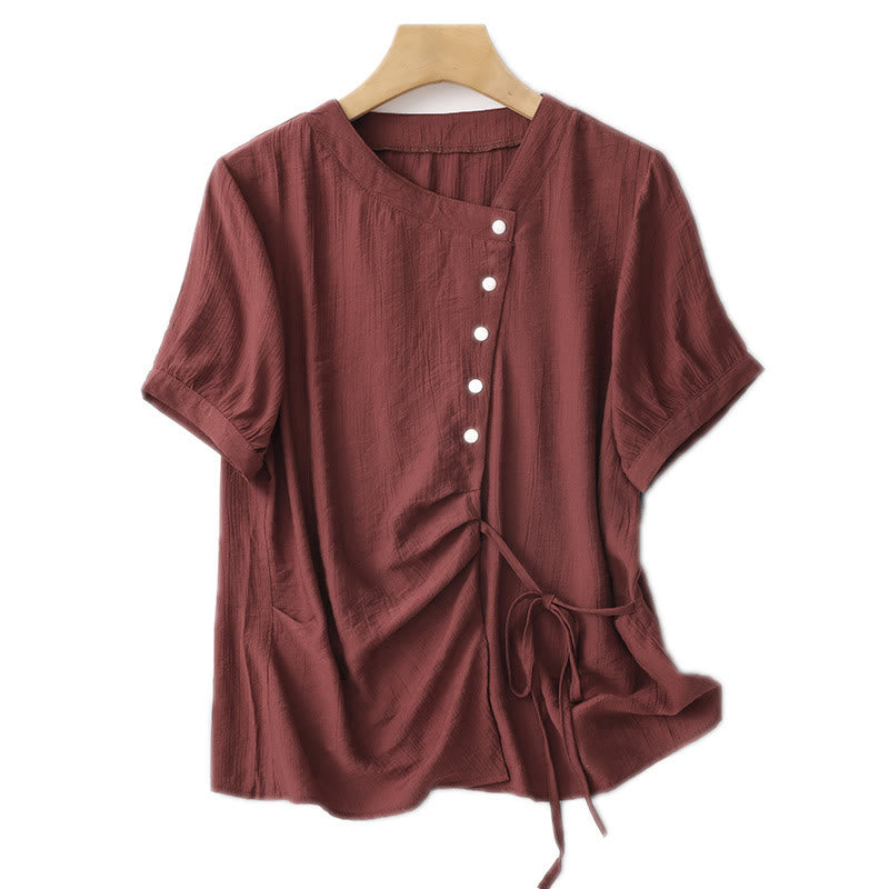 Buddha Stones無地 アシンメトリー レースアップデザイン パフ 半袖 レディース コットンシャツ - image 24