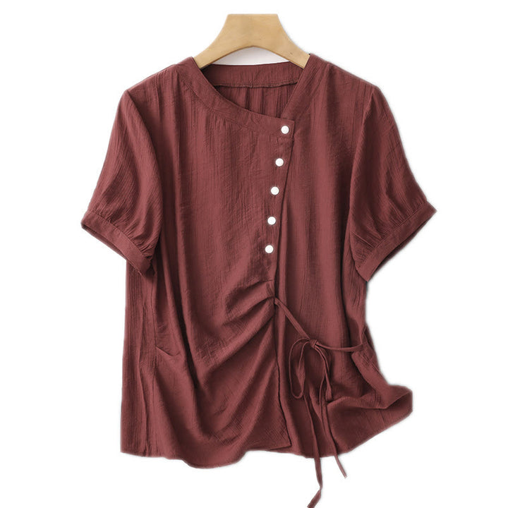 Buddha Stones無地 アシンメトリー レースアップデザイン パフ 半袖 レディース コットンシャツ - image 24