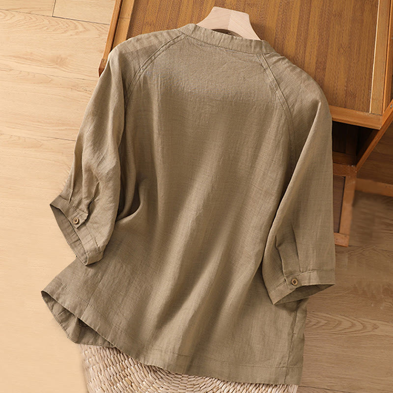 Buddha Stonesデイリー 七分袖 コットンリネン レディース ポケット付きシャツ - image 2