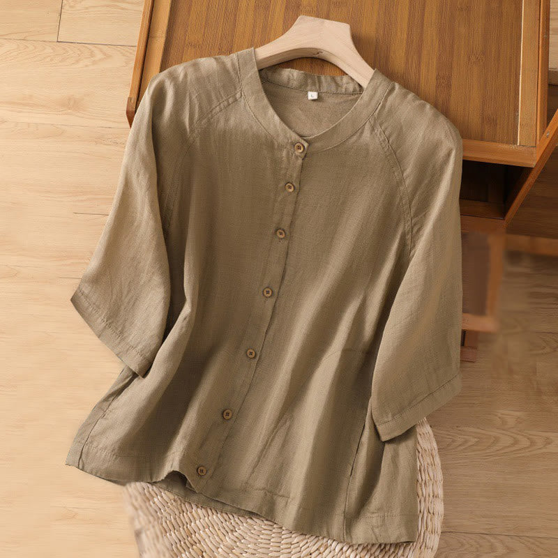 Buddha Stonesデイリー 七分袖 コットンリネン レディース ポケット付きシャツ - タン - US14、 UK/AU18、 EU46 (2XL) - image 1