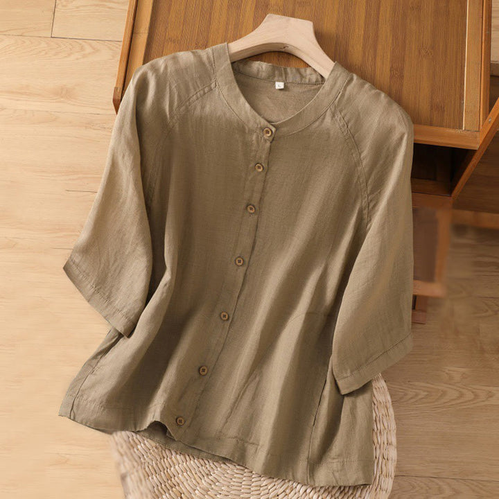 Buddha Stonesデイリー 七分袖 コットンリネン レディース ポケット付きシャツ - タン - US14、 UK/AU18、 EU46 (2XL) - image 1