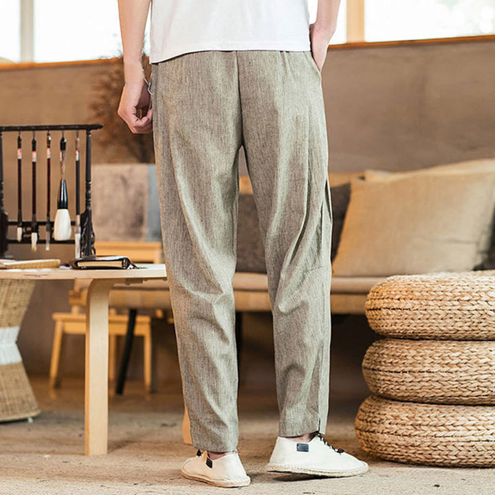 Buddha Stones無地 リネン ドローストリング テーパード メンズ パンツ ポケット付き - image 5