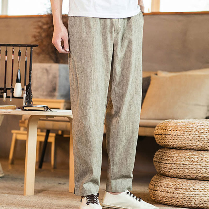 Buddha Stones無地 リネン ドローストリング テーパード メンズ パンツ ポケット付き - image 6