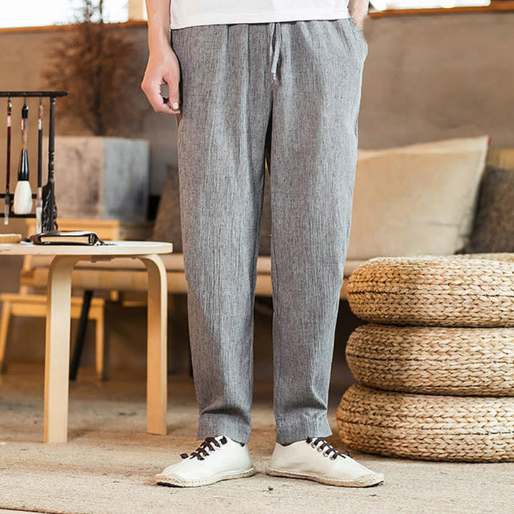 Buddha Stones無地 リネン ドローストリング テーパード メンズ パンツ ポケット付き - ダークグレー - US/UK/AU46、 EU56 (5XL) - image 11