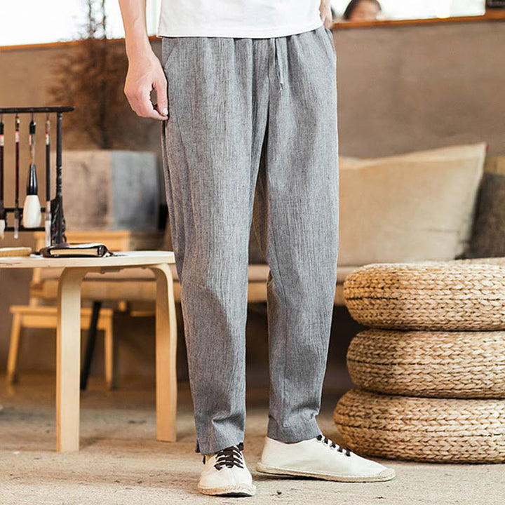 Buddha Stones無地 リネン ドローストリング テーパード メンズ パンツ ポケット付き - image 12