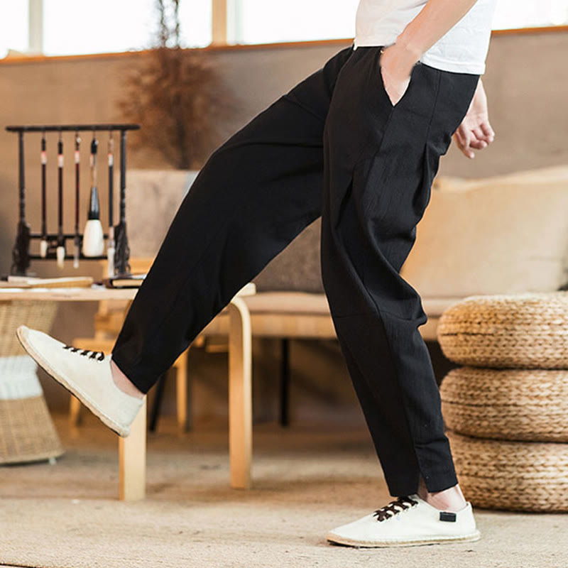 Buddha Stones無地 リネン ドローストリング テーパード メンズ パンツ ポケット付き - image 25