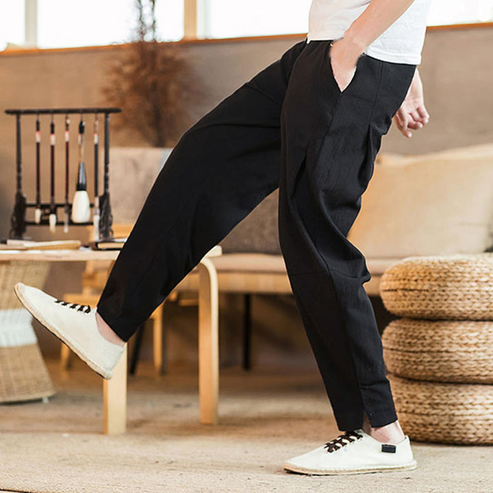 Buddha Stones無地 リネン ドローストリング テーパード メンズ パンツ ポケット付き - image 25