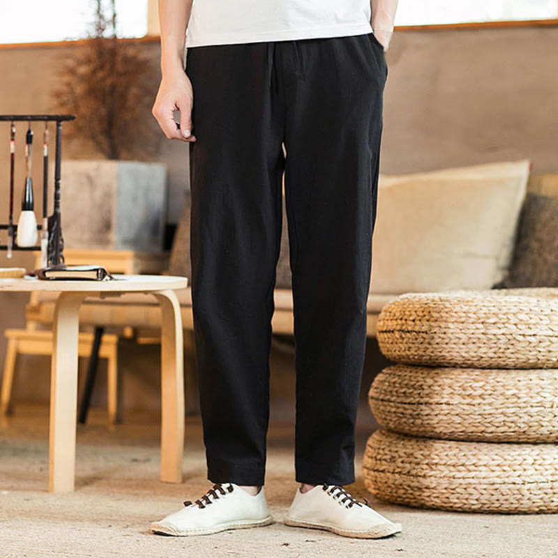 Buddha Stones無地 リネン ドローストリング テーパード メンズ パンツ ポケット付き - image 20