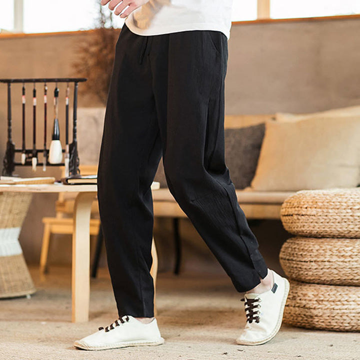 Buddha Stones無地 リネン ドローストリング テーパード メンズ パンツ ポケット付き - 黒 - US/UK/AU46、 EU56 (5XL) - image 19