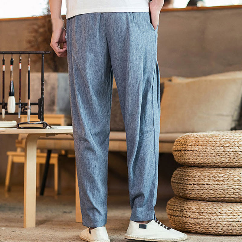 Buddha Stones無地 リネン ドローストリング テーパード メンズ パンツ ポケット付き - image 30