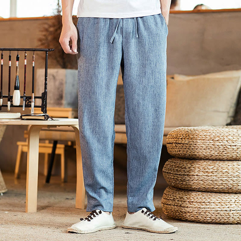 Buddha Stones無地 リネン ドローストリング テーパード メンズ パンツ ポケット付き - ライトスチールブルー - US/UK/AU46、 EU56 (5XL) - image 27
