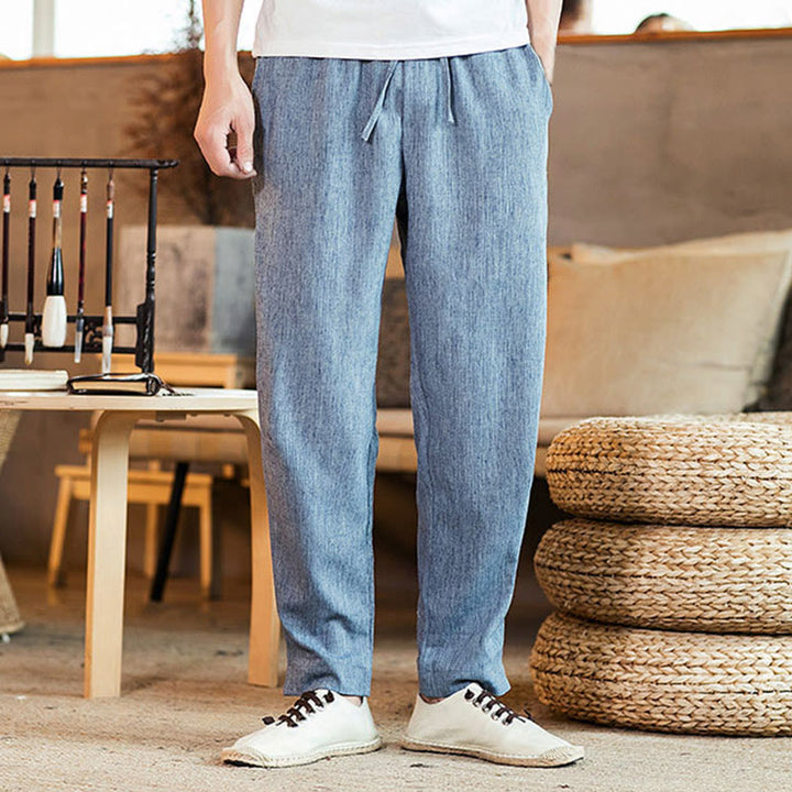 Buddha Stones無地 リネン ドローストリング テーパード メンズ パンツ ポケット付き - ライトスチールブルー - US/UK/AU46、 EU56 (5XL) - image 27