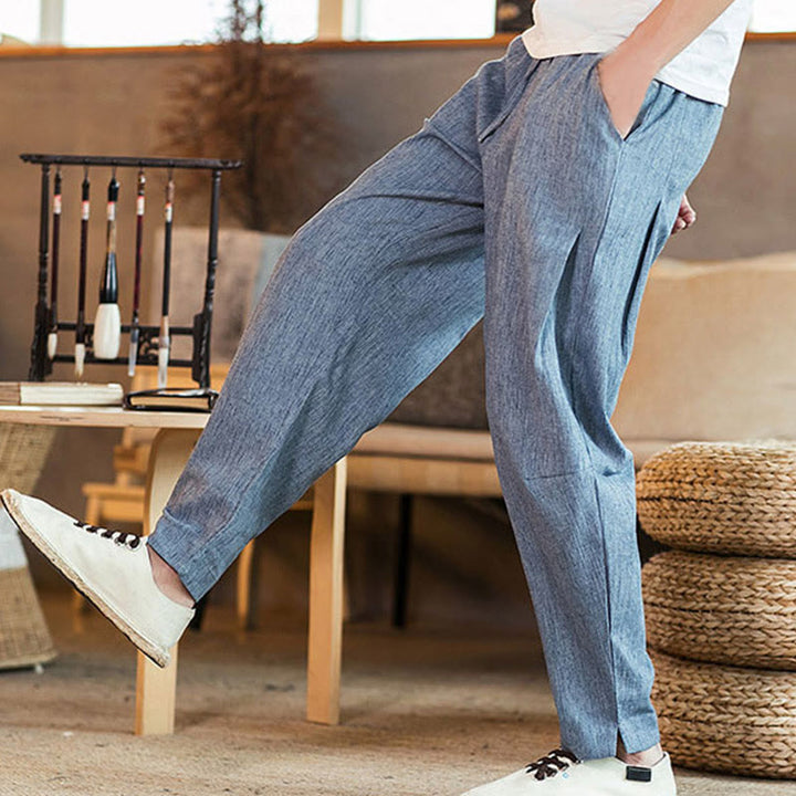 Buddha Stones無地 リネン ドローストリング テーパード メンズ パンツ ポケット付き - image 32