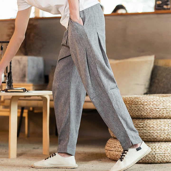 Buddha Stones無地 リネン ドローストリング テーパード メンズ パンツ ポケット付き - image 16