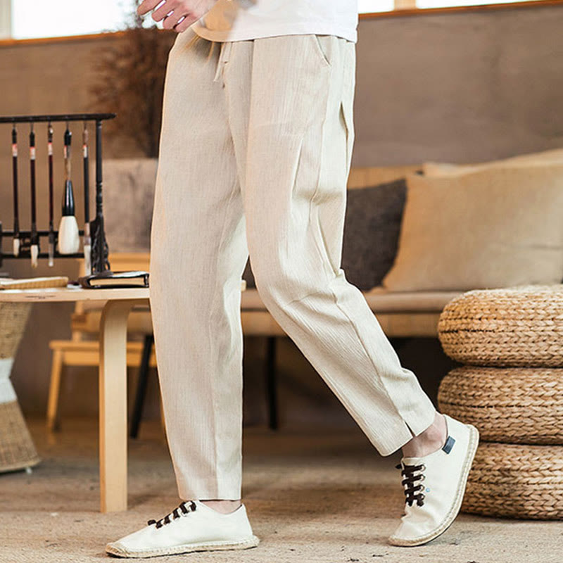 Buddha Stones無地 リネン ドローストリング テーパード メンズ パンツ ポケット付き - ベージュ - US/UK/AU46、 EU56 (5XL) - image 35