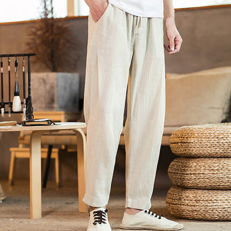 Buddha Stones無地 リネン ドローストリング テーパード メンズ パンツ ポケット付き - image 37