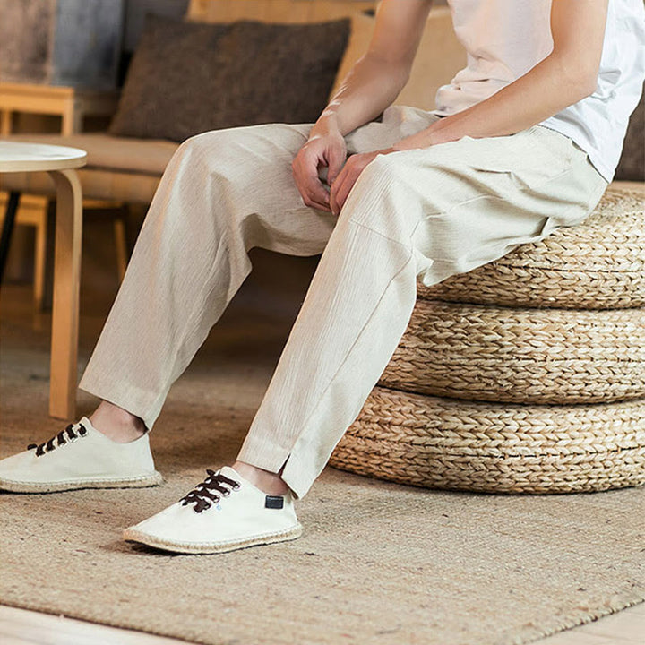 Buddha Stones無地 リネン ドローストリング テーパード メンズ パンツ ポケット付き - image 42