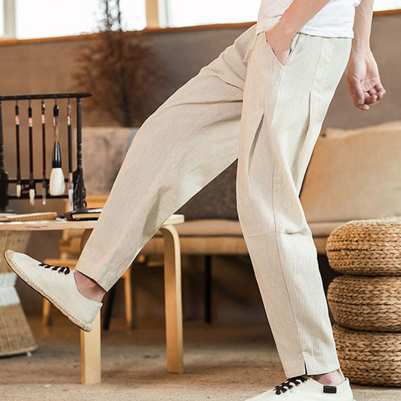 Buddha Stones無地 リネン ドローストリング テーパード メンズ パンツ ポケット付き - image 41