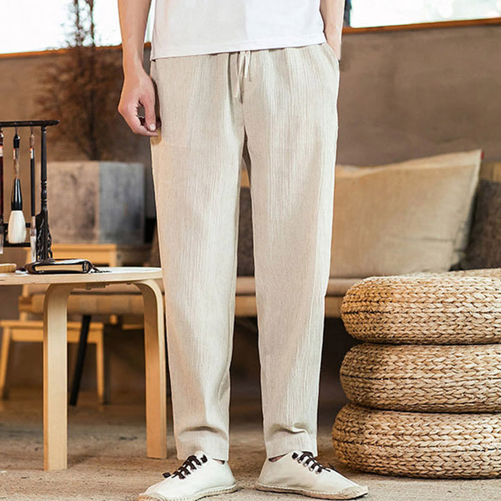 Buddha Stones無地 リネン ドローストリング テーパード メンズ パンツ ポケット付き - image 36