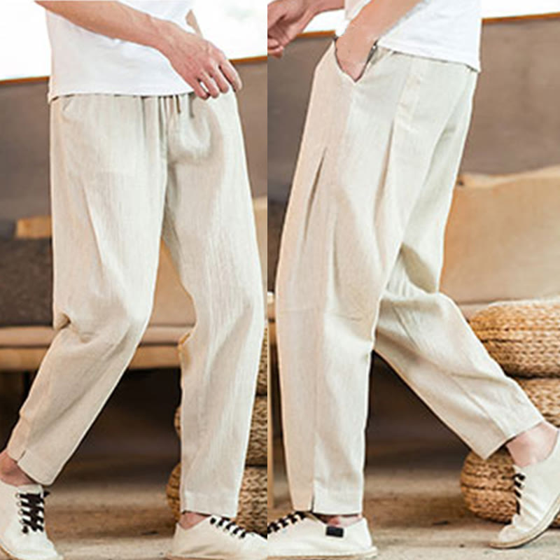 Buddha Stones無地 リネン ドローストリング テーパード メンズ パンツ ポケット付き - image 45