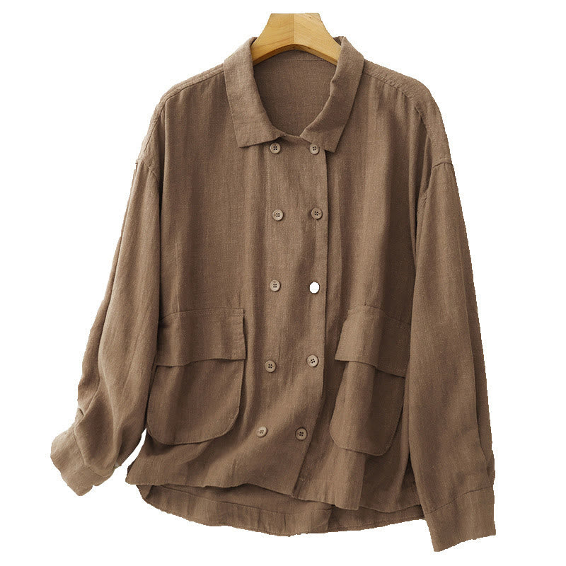 Buddha Stonesダブルブレストデザイン 長袖 レディース コットンリネン ジャケット ポケット付き - image 6