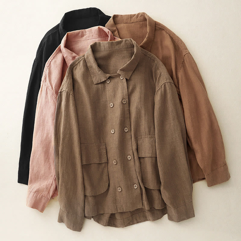 Buddha Stonesダブルブレストデザイン 長袖 レディース コットンリネン ジャケット ポケット付き - image 22
