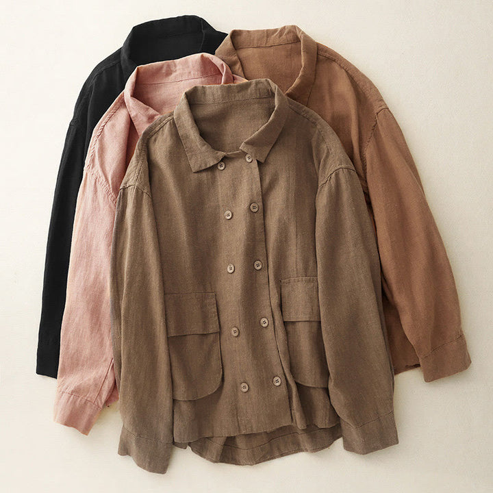 Buddha Stonesダブルブレストデザイン 長袖 レディース コットンリネン ジャケット ポケット付き - image 22
