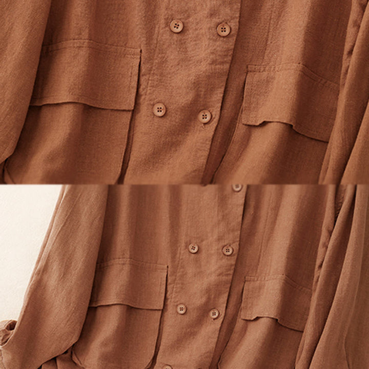 Buddha Stonesダブルブレストデザイン 長袖 レディース コットンリネン ジャケット ポケット付き - image 11