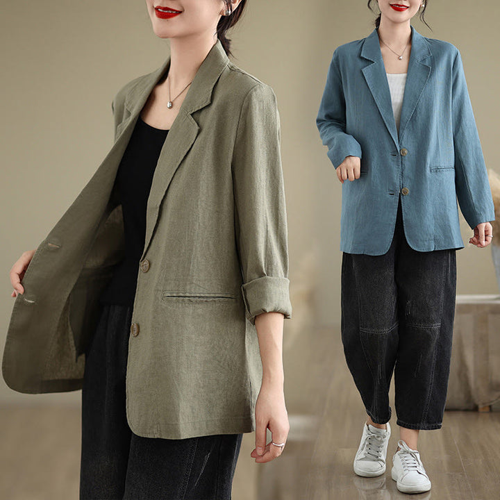Buddha Stones春 無地 長袖 コットンリネン レディース ジャケット ポケット付き - image 35