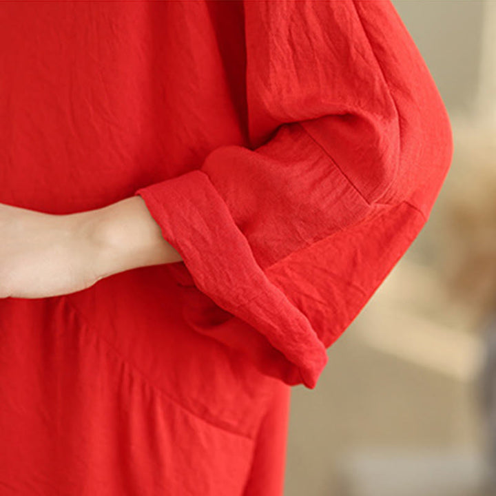 Buddha Stones秋 ピュアカラー Vネック ロングスリーブ コットン ミディドレス - image 10