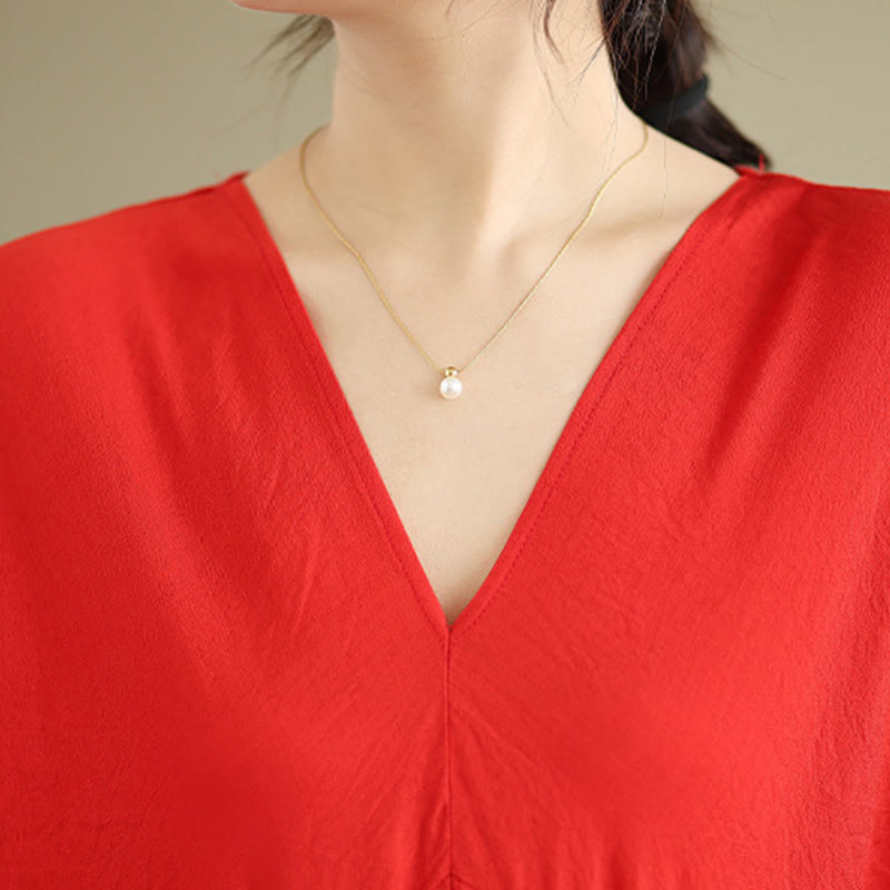 Buddha Stones秋 ピュアカラー Vネック ロングスリーブ コットン ミディドレス - image 9