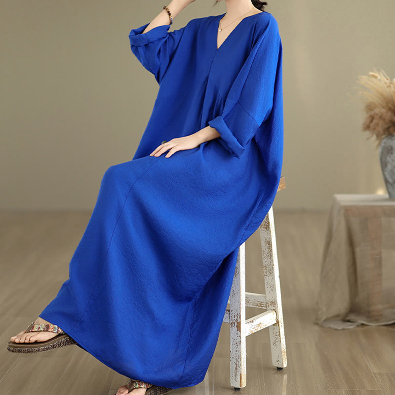 Buddha Stones秋 ピュアカラー Vネック ロングスリーブ コットン ミディドレス - image 17
