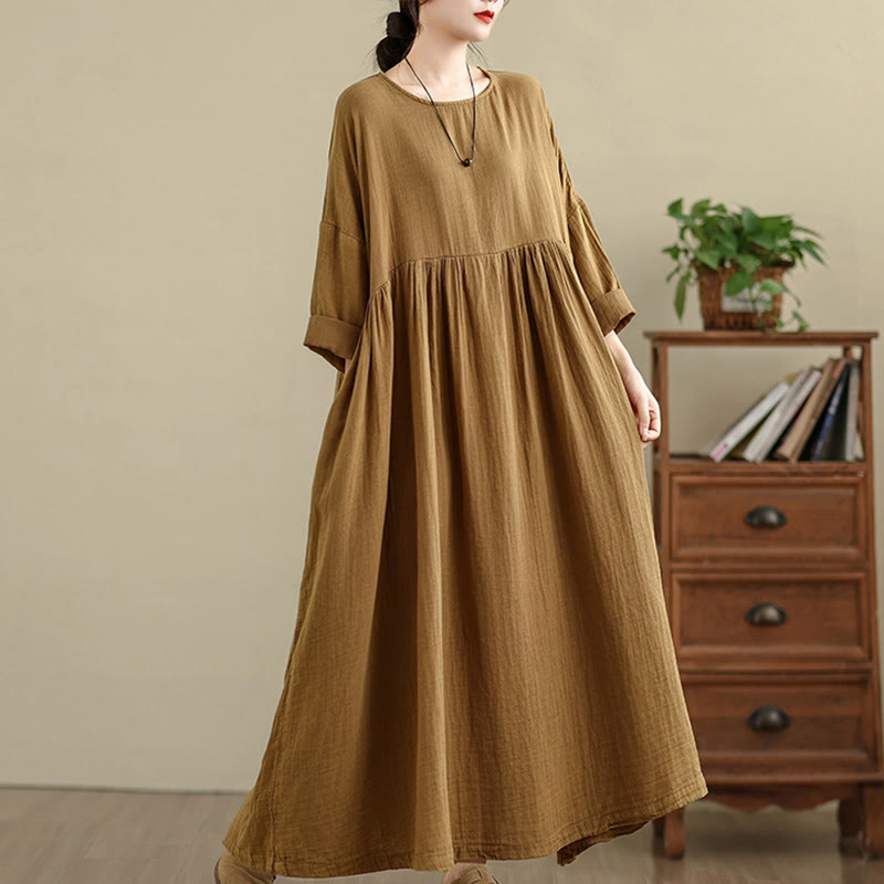 Buddha Stones通勤用ピュアカラー長袖コットンリネンミディドレス（ポケット付き） - image 3