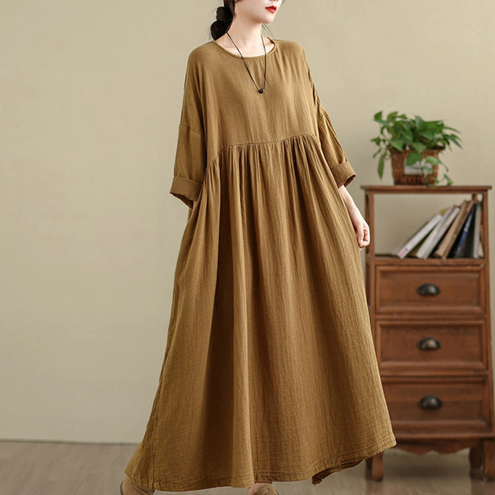 Buddha Stones通勤用ピュアカラー長袖コットンリネンミディドレス（ポケット付き） - image 3