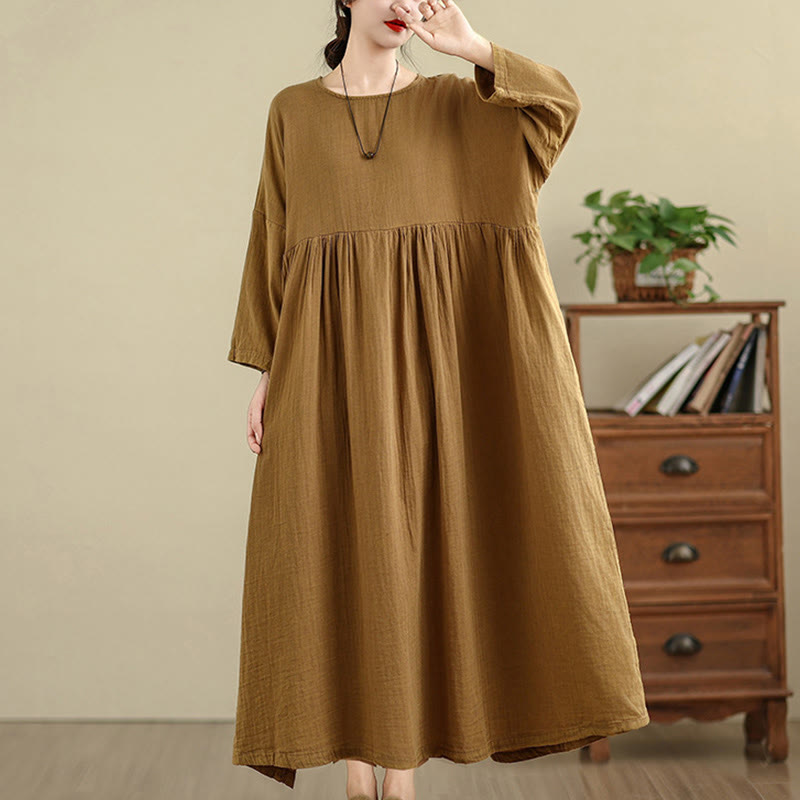 Buddha Stones通勤用ピュアカラー長袖コットンリネンミディドレス（ポケット付き） - image 6