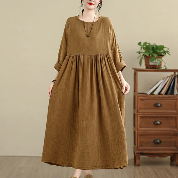 Buddha Stones通勤用ピュアカラー長袖コットンリネンミディドレス（ポケット付き） - image 3