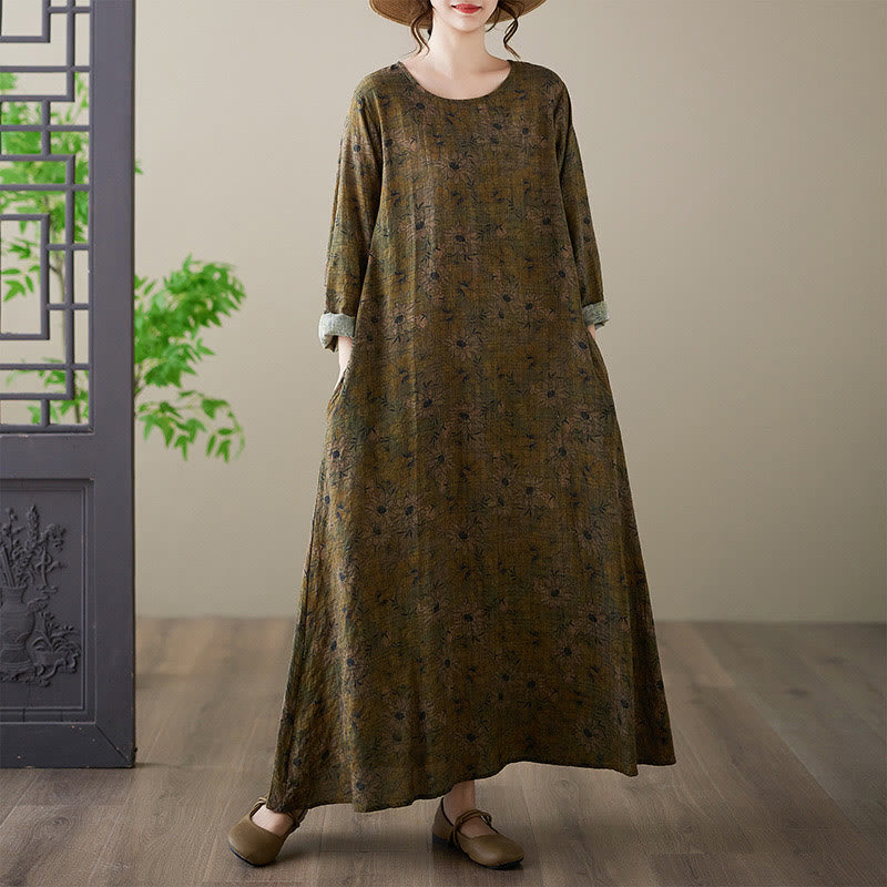 Buddha Stonesオリーブプリント フラワー ロングスリーブ コットンリネン マキシドレス ポケット付き - オリーブ - US14、 UK/AU18、 EU46 (3XL) - image 1