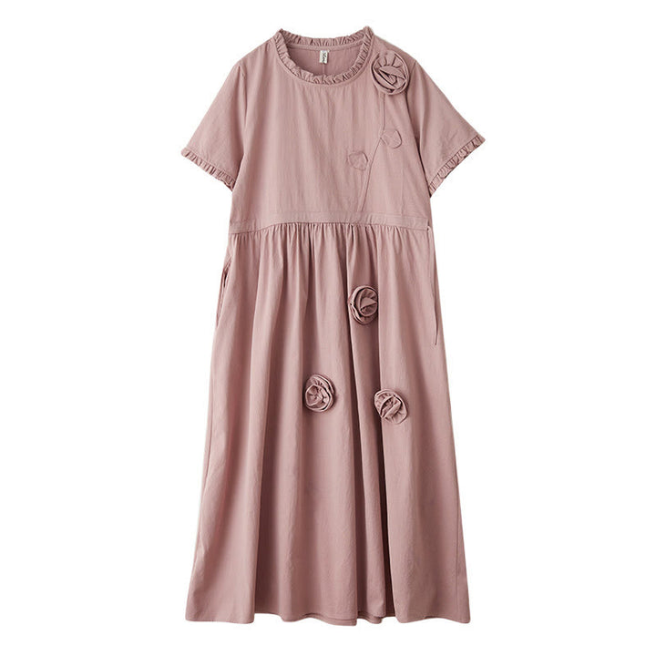 Buddha Stones立体フラワーフリル半袖コットンリネンミディドレス ポケット付き - image 16