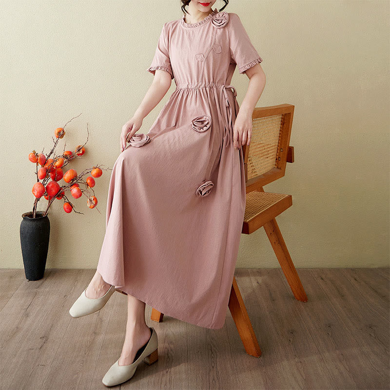 Buddha Stones立体フラワーフリル半袖コットンリネンミディドレス ポケット付き - image 7