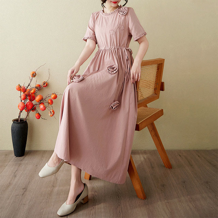 Buddha Stones立体フラワーフリル半袖コットンリネンミディドレス ポケット付き - image 7